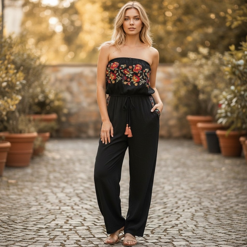 American Eagle Jumpsuit Women XL Black Excellent Floral Embroidered Strapless